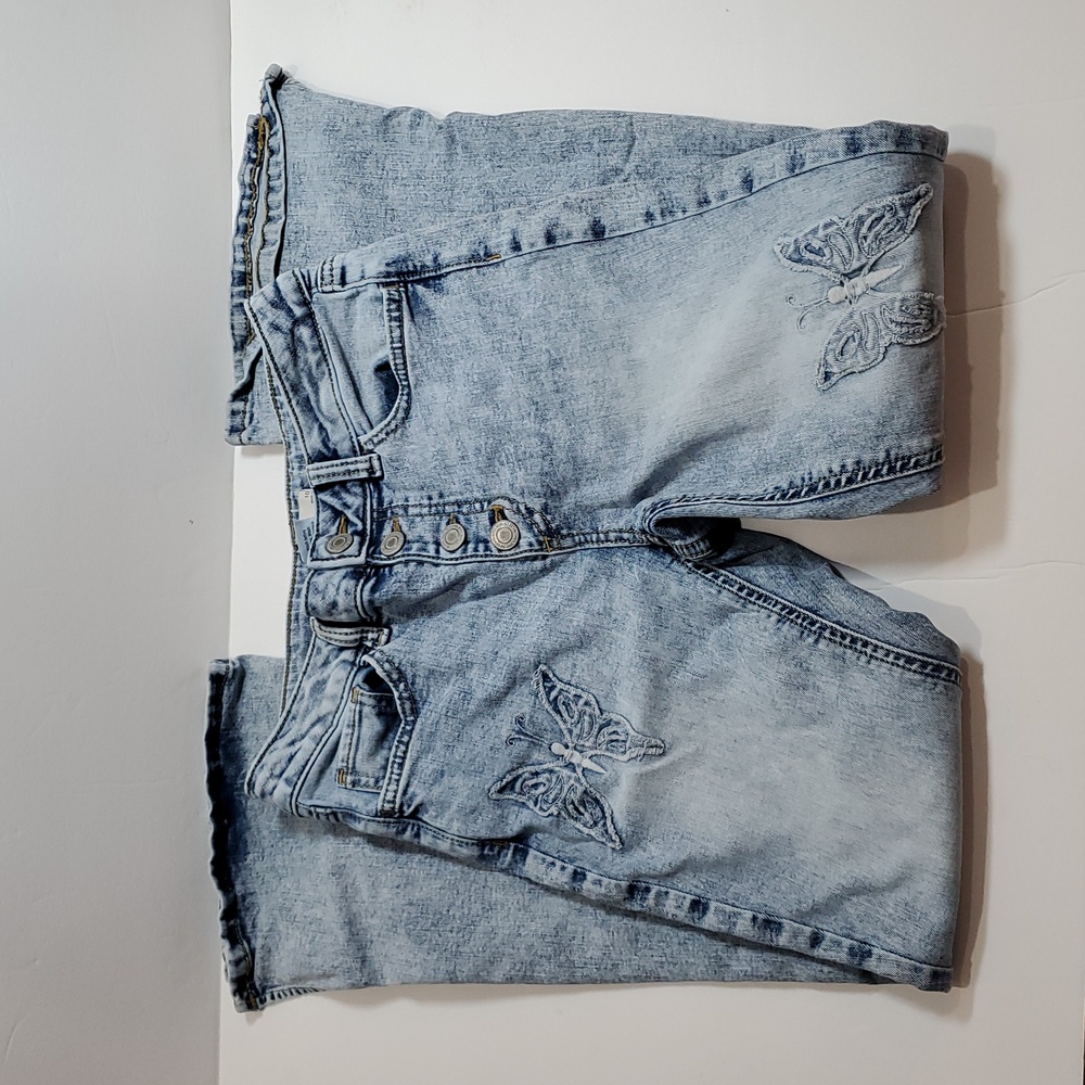 Girls Size 10 High Rise Jeans Butterfly Embroidered Light Blue Jeans Snap Front
